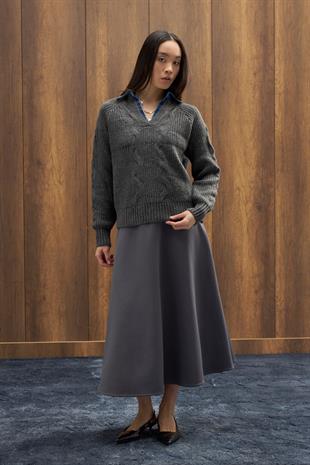 Side Denim Parçalı Triko Kazak - Antrasit