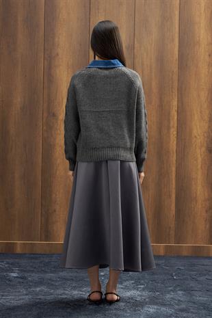 Side Denim Parçalı Triko Kazak - Antrasit