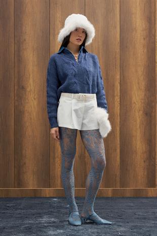 Side Denim Parçalı Triko Kazak - İndigo mavi