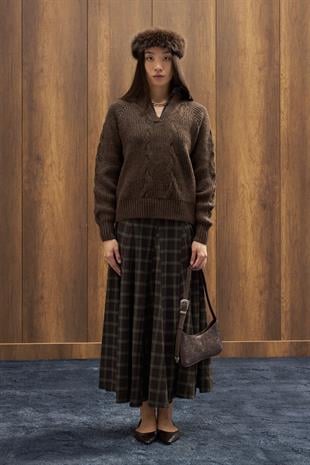 Side Denim Parçalı Triko Kazak - Kahverengi