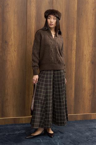 Side Denim Parçalı Triko Kazak - Kahverengi