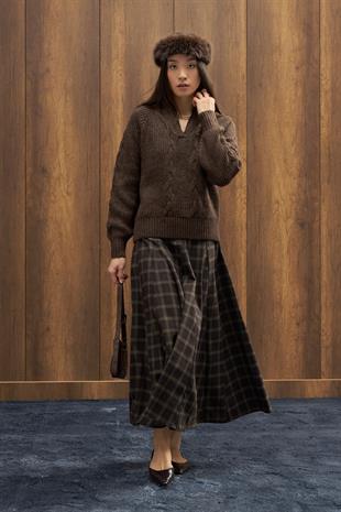 Side Denim Parçalı Triko Kazak - Kahverengi