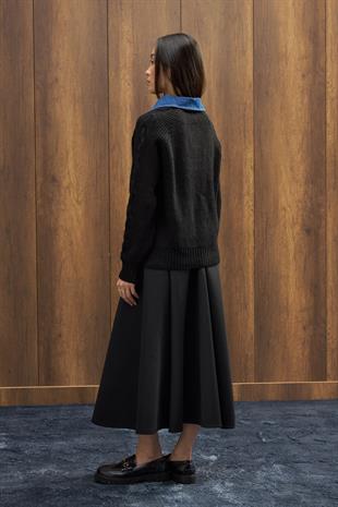 Side Denim Parçalı Triko Kazak - Siyah