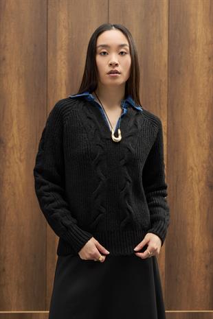 Side Denim Parçalı Triko Kazak - Siyah