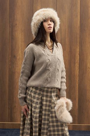 Side Denim Parçalı Triko Kazak - Vizon 