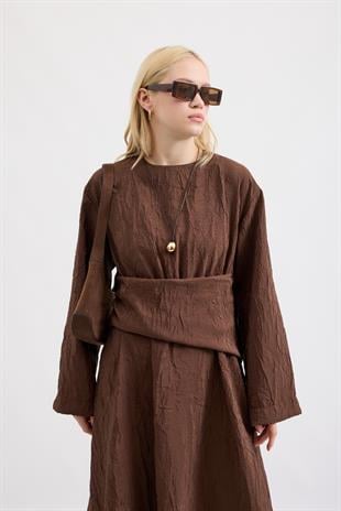 Silvia Kuşak Kemerli Pilili Elbise - Acı kahve