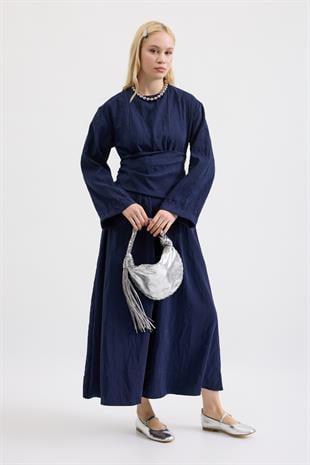 Silvia Kuşak Kemerli Pilili Elbise - Lacivert