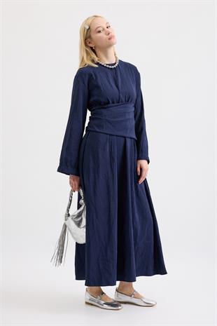 Silvia Kuşak Kemerli Pilili Elbise - Lacivert
