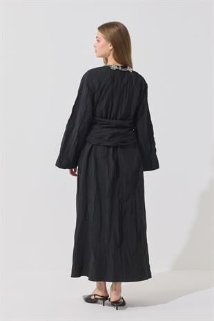 Silvia Kuşak Kemerli Pilili Elbise- Siyah