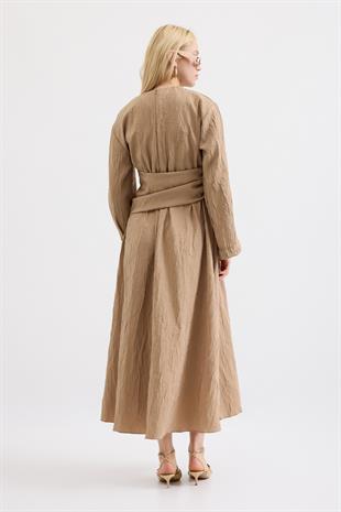 Silvia Kuşak Kemerli Pilili Elbise - Vizon