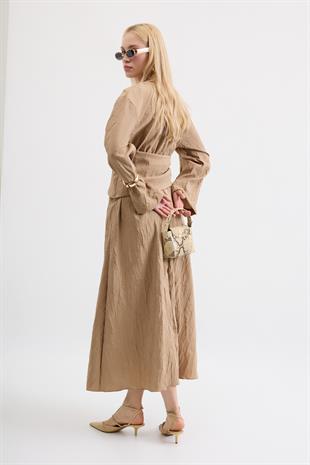 Silvia Kuşak Kemerli Pilili Elbise - Vizon