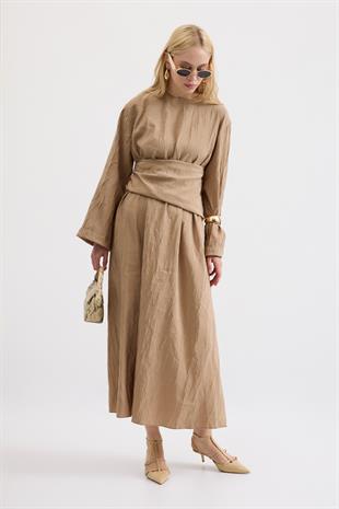 Silvia Kuşak Kemerli Pilili Elbise - Vizon