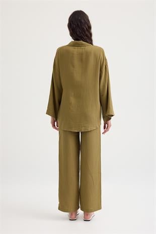 Simon Düğmeli Müslin Takım - Yağ Yeşil