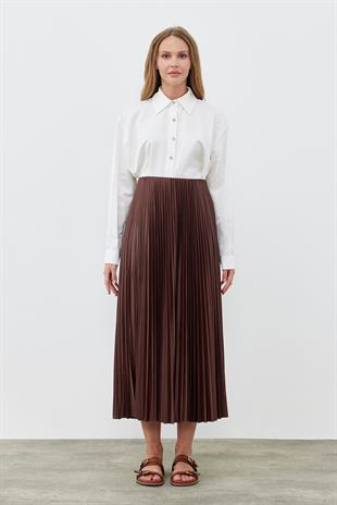SINDY PİLİSELİ ETEK - KAHVERENGİ