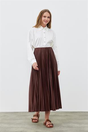 SINDY PİLİSELİ ETEK - KAHVERENGİ