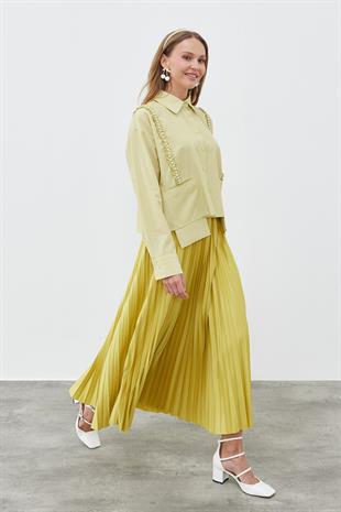 SINDY PİLİSELİ ETEK -  YAĞ YEŞİLİ