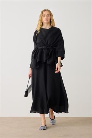 Sitare Pelerinli Kaplama Kemerli Etek Takım - Siyah