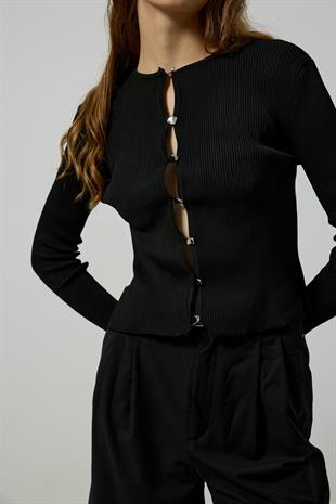 Sofia Fitilli Örme Hırka - Siyah