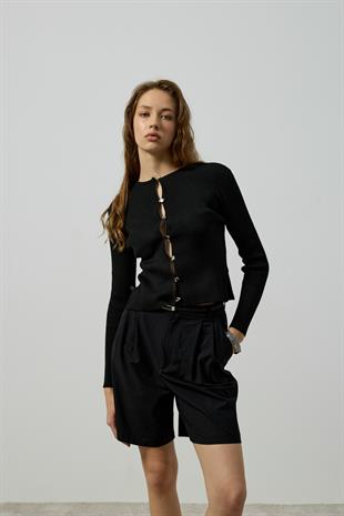 Sofia Fitilli Örme Hırka - Siyah