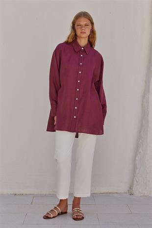 Sofya Linen Oversize Gömlek-Bordo
