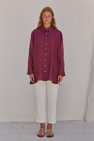 Sofya Linen Oversize Gömlek-Bordo