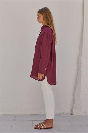 Sofya Linen Oversize Gömlek-Bordo