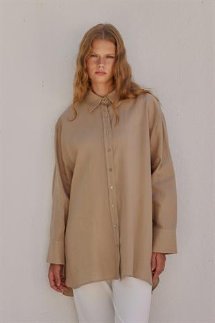 Sofya Linen Oversize Gömlek - Vizon