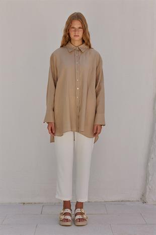Sofya Linen Oversize Gömlek - Vizon