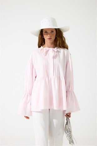Sofya Nervürlü Robalı Poplin Gömlek - Pembe 