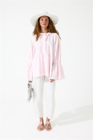 Sofya Nervürlü Robalı Poplin Gömlek - Pembe 