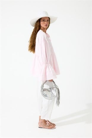 Sofya Nervürlü Robalı Poplin Gömlek - Pembe 