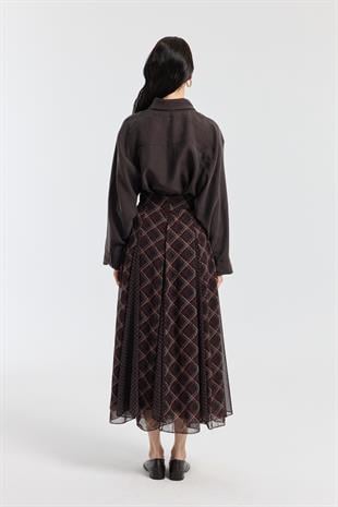 Sonya Desenli Şifon Parçalı Etek - Acı kahve
