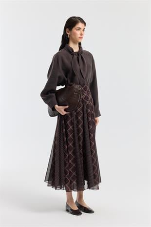 Sonya Desenli Şifon Parçalı Etek - Acı kahve