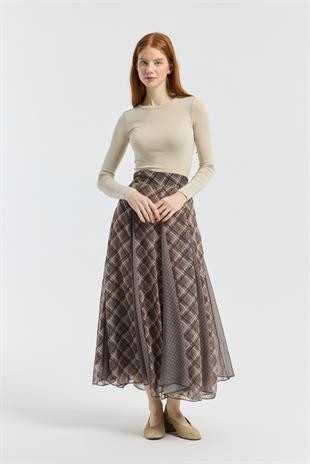 Sonya Desenli Şifon Parçalı Etek - Haki