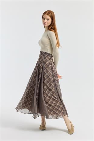 Sonya Desenli Şifon Parçalı Etek - Haki