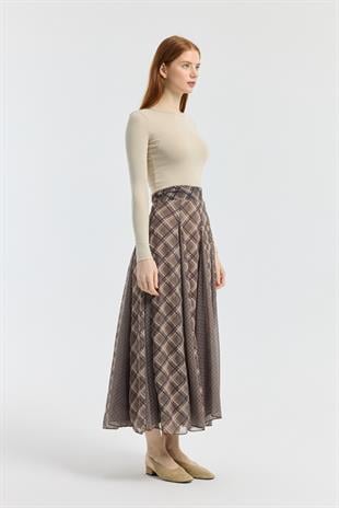 Sonya Desenli Şifon Parçalı Etek - Haki