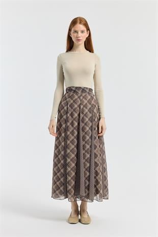 Sonya Desenli Şifon Parçalı Etek - Haki