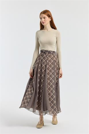 Sonya Desenli Şifon Parçalı Etek - Haki