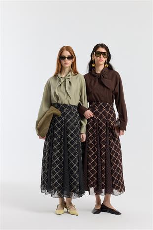 Sonya Desenli Şifon Parçalı Etek - Siyah