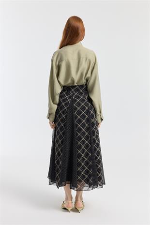 Sonya Desenli Şifon Parçalı Etek - Siyah
