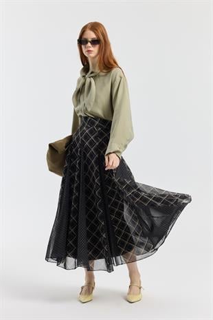 Sonya Desenli Şifon Parçalı Etek - Siyah