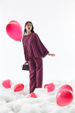 Suzan Britt Düğme Kapamalı Modal Takım - Vişne 