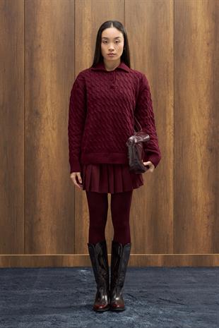 Theo Polo Yaka Saç Örgülü Kazak - Bordo 