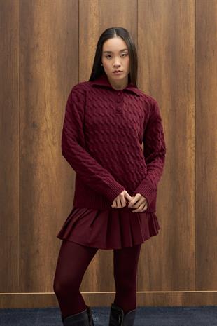 Theo Polo Yaka Saç Örgülü Kazak - Bordo 