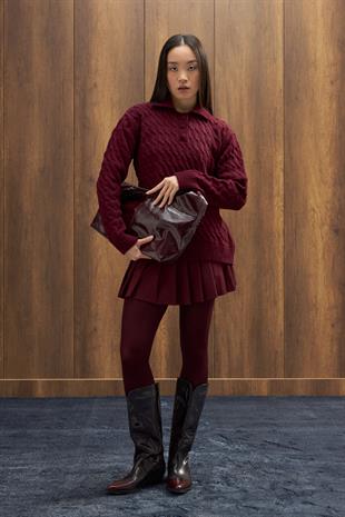 Theo Polo Yaka Saç Örgülü Kazak - Bordo 