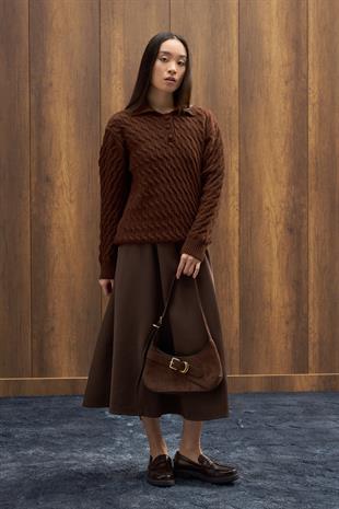 Theo Polo Yaka Saç Örgülü Kazak - Kahverengi 