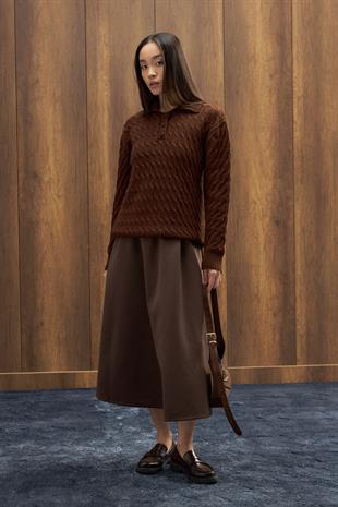 Theo Polo Yaka Saç Örgülü Kazak - Kahverengi 