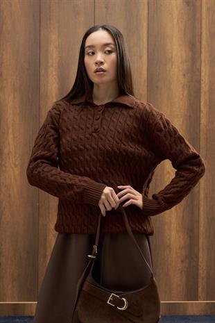 Theo Polo Yaka Saç Örgülü Kazak - Kahverengi 