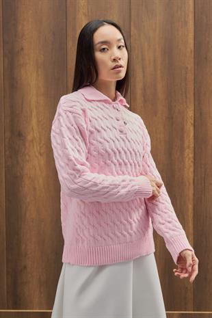 Theo Polo Yaka Saç Örgülü Kazak - Pembe