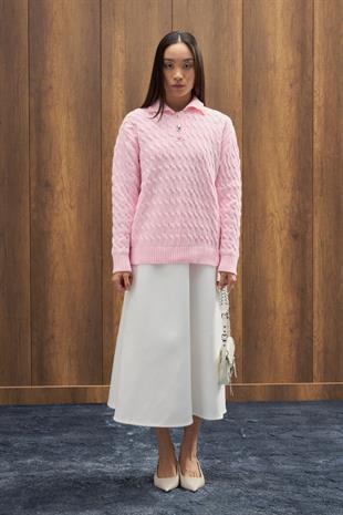 Theo Polo Yaka Saç Örgülü Kazak - Pembe